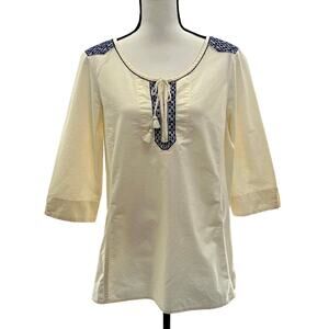 Eddie Bauer Ivory Boho 3/4 Sleeve Tunic Top with Embroidery and Tassels Sz XL